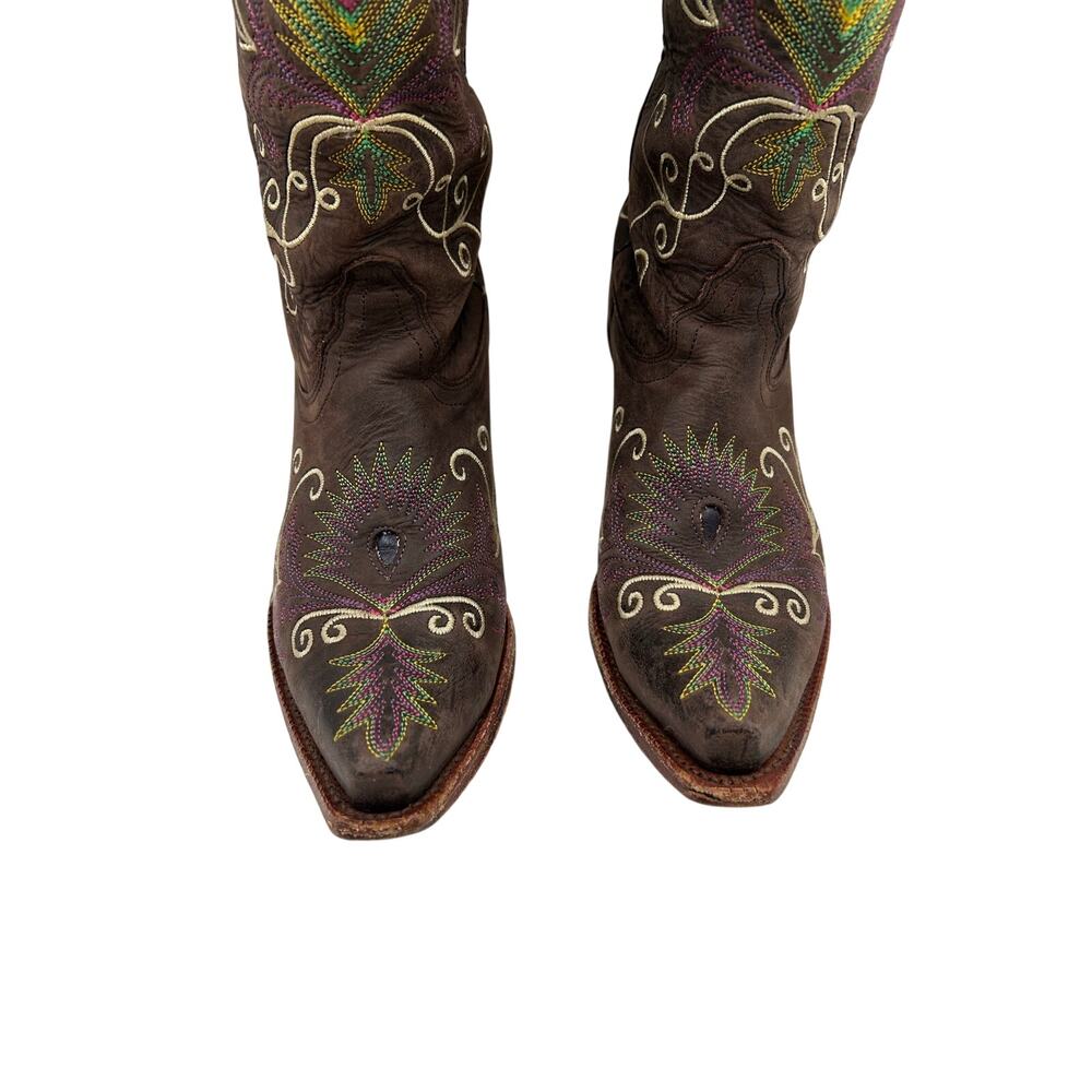 Tony Lama Women's Espresso  Western leather cowgirl boots peacock feather SZ 8 - Picture 4 of 9